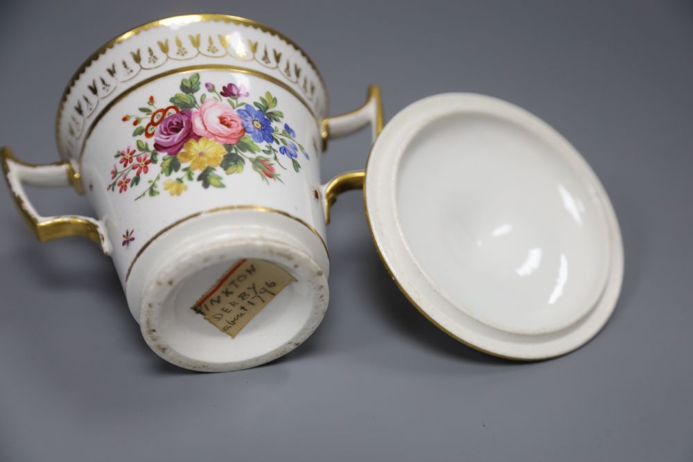 An English porcelain two handled cup and cover, early 19th century, possibly Coalport, painted in Billingsley style, height 12cm